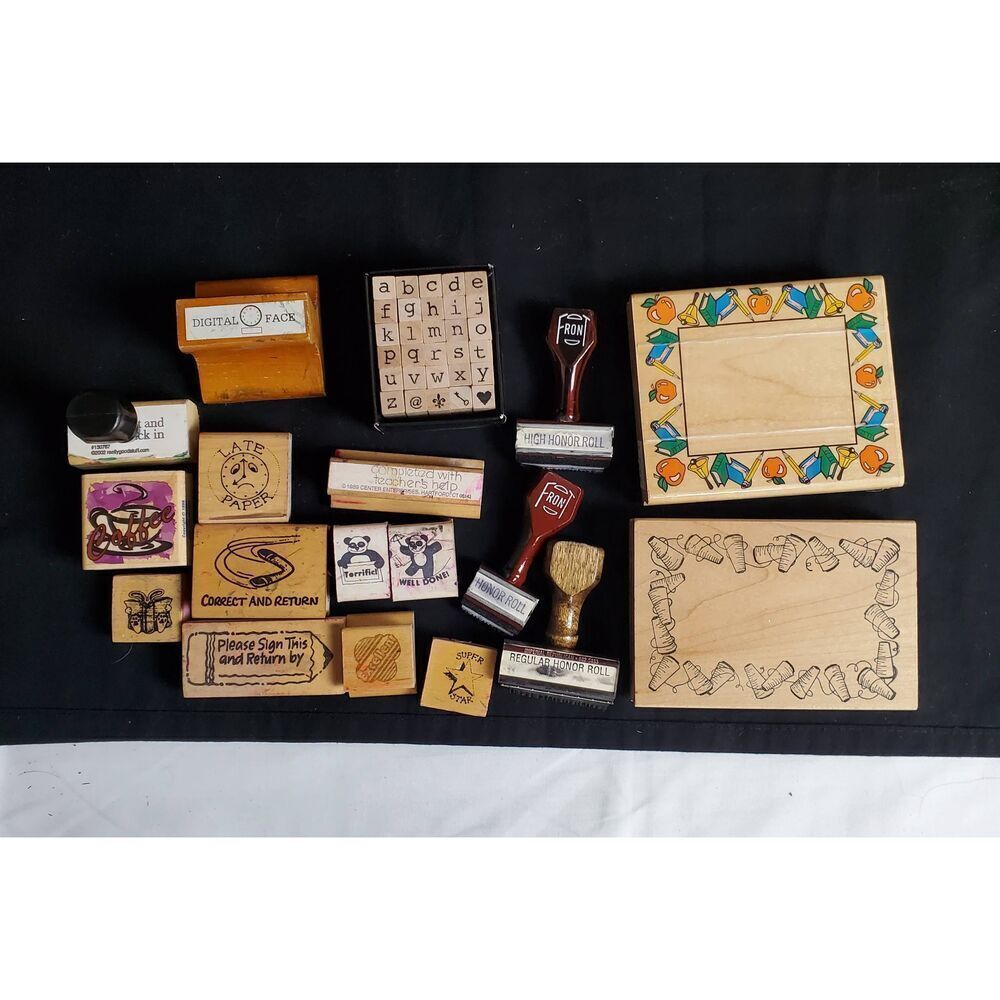 Teacher Rubber Stamp Lot of 17 – Honor Roll, Terrific, Correct & Return, Borders